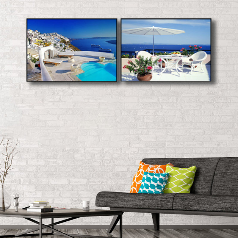 Brehn | Terrasse mit Meerblick Leinwand Schlafzimmer Foto Seelandschaft Wanddekoration Druck in Blau, Set von 2