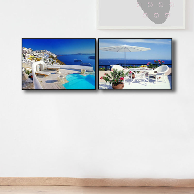 Brehn | Terrasse mit Meerblick Leinwand Schlafzimmer Foto Seelandschaft Wanddekoration Druck in Blau, Set von 2
