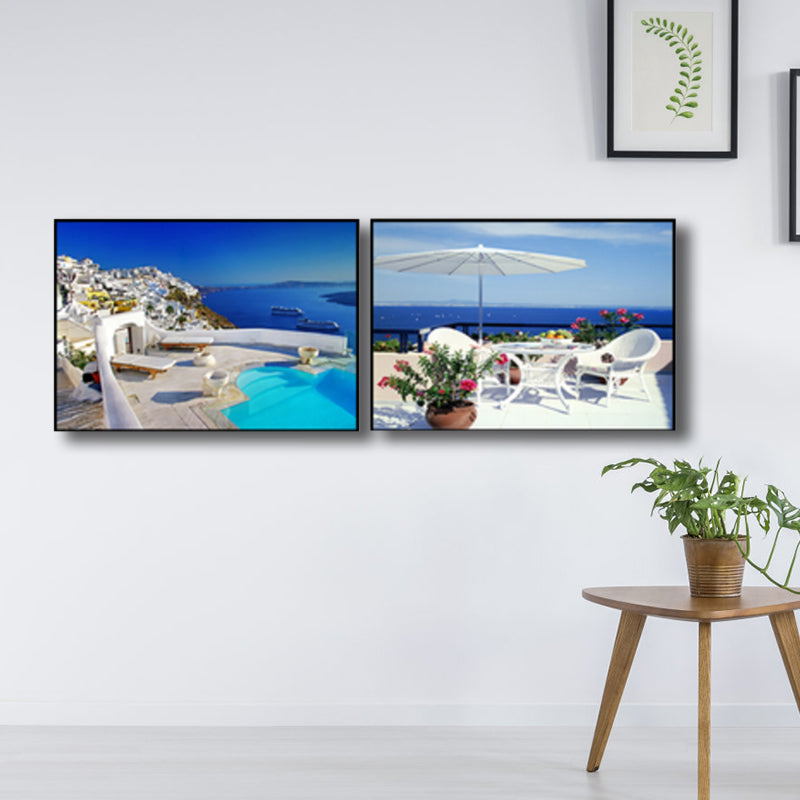 Brehn | Terrasse mit Meerblick Leinwand Schlafzimmer Foto Seelandschaft Wanddekoration Druck in Blau, Set von 2