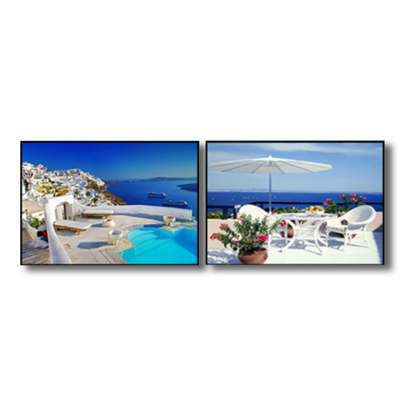 Brehn | Terrasse mit Meerblick Leinwand Schlafzimmer Foto Seelandschaft Wanddekoration Druck in Blau, Set von 2