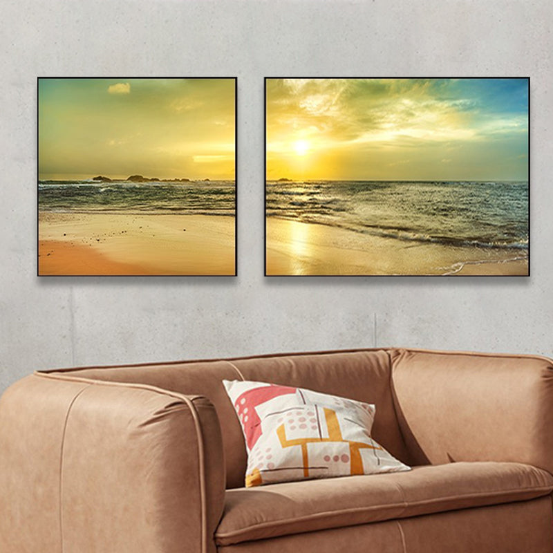 Brehn | Sonnenuntergang Meer Landschaft Leinwand Kunst Tropische Mehrteilig Wanddeko in Pastellfarbe für Zuhause