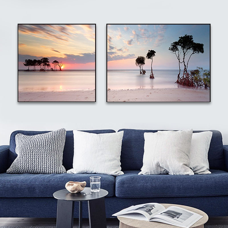 Brehn | Sonnenuntergang Meer Landschaft Leinwand Kunst Tropische Mehrteilig Wanddeko in Pastellfarbe für Zuhause