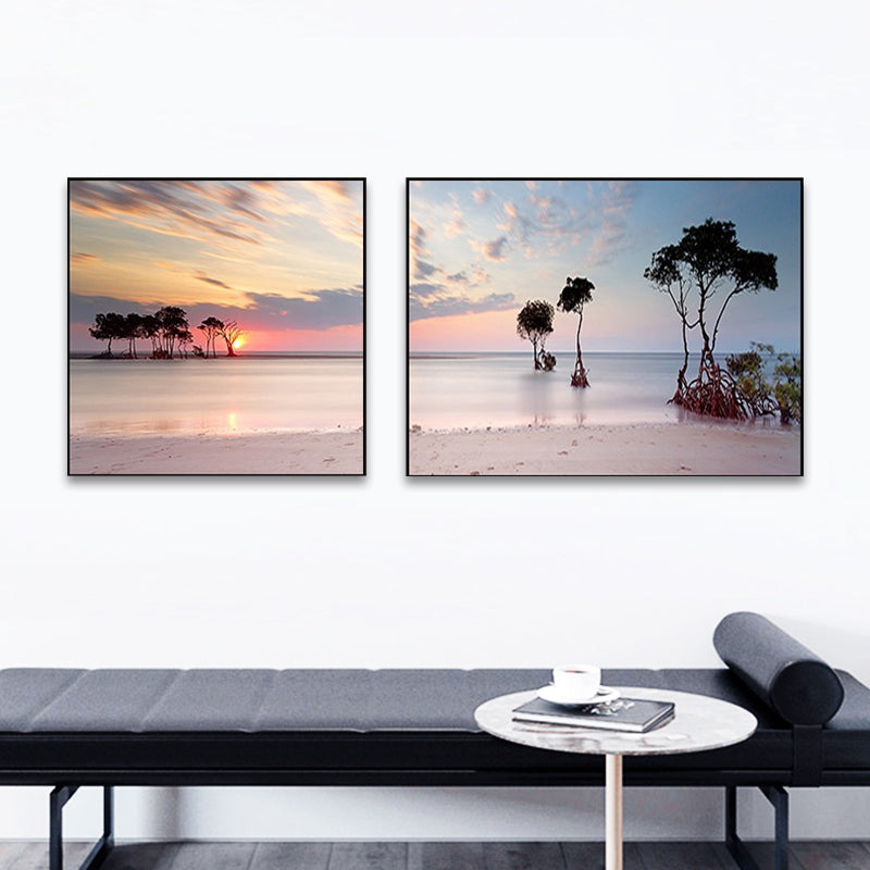 Brehn | Sonnenuntergang Meer Landschaft Leinwand Kunst Tropische Mehrteilig Wanddeko in Pastellfarbe für Zuhause
