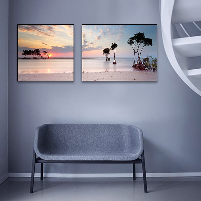 Brehn | Sonnenuntergang Meer Landschaft Leinwand Kunst Tropische Mehrteilig Wanddeko in Pastellfarbe für Zuhause