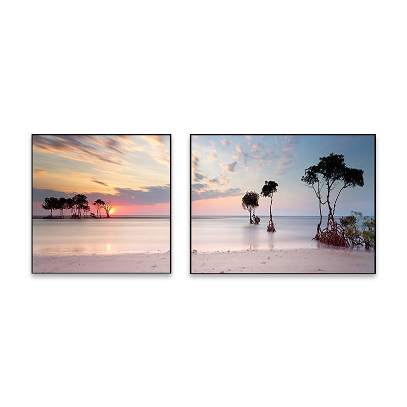 Brehn | Sonnenuntergang Meer Landschaft Leinwand Kunst Tropische Mehrteilig Wanddeko in Pastellfarbe für Zuhause
