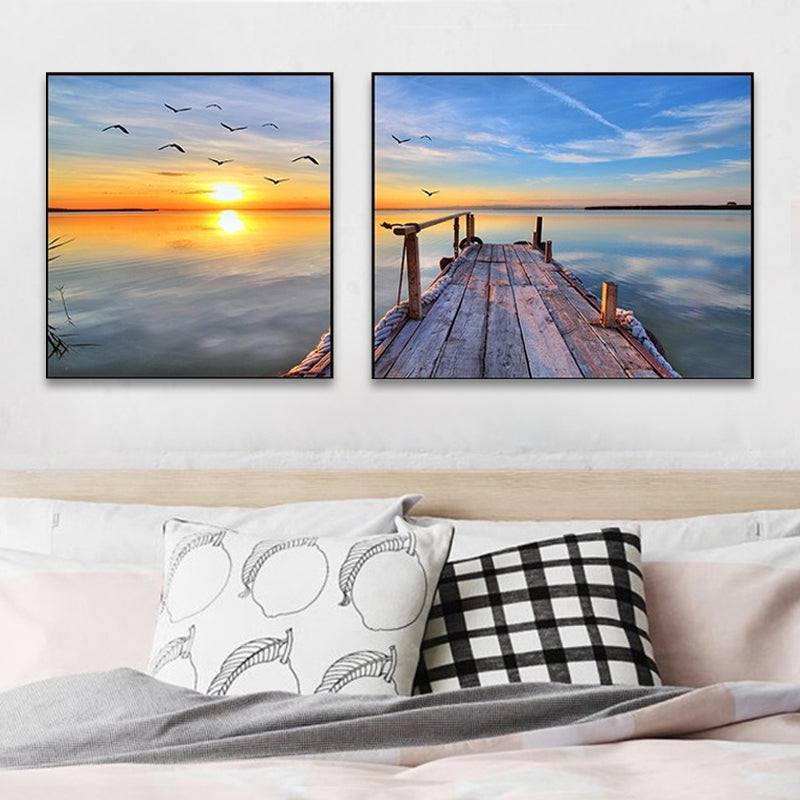 Brehn | Sonnenuntergang Meer Landschaft Leinwand Kunst Tropische Mehrteilig Wanddeko in Pastellfarbe für Zuhause