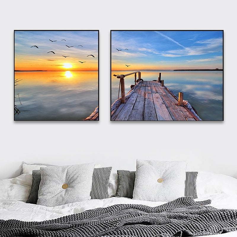 Brehn | Sonnenuntergang Meer Landschaft Leinwand Kunst Tropische Mehrteilig Wanddeko in Pastellfarbe für Zuhause