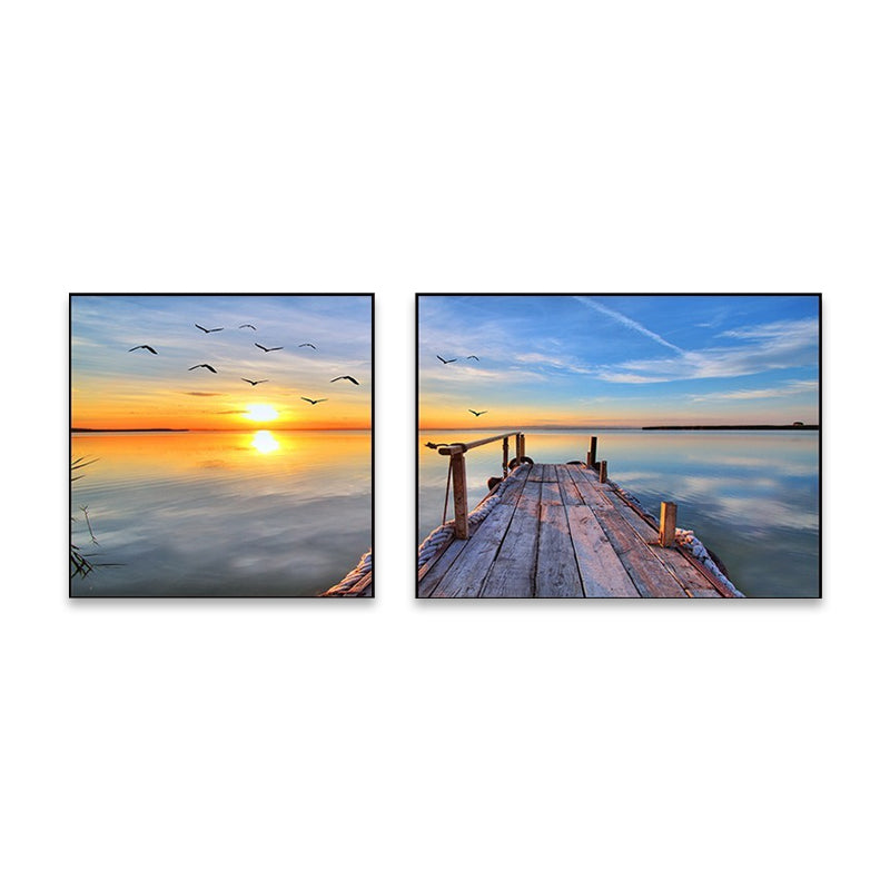 Brehn | Sonnenuntergang Meer Landschaft Leinwand Kunst Tropische Mehrteilig Wanddeko in Pastellfarbe für Zuhause