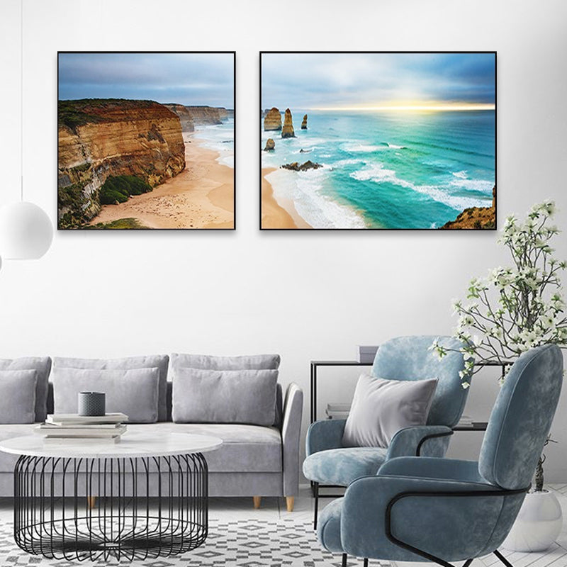 Brehn | Sonnenuntergang Meer Landschaft Leinwand Kunst Tropische Mehrteilig Wanddeko in Pastellfarbe für Zuhause
