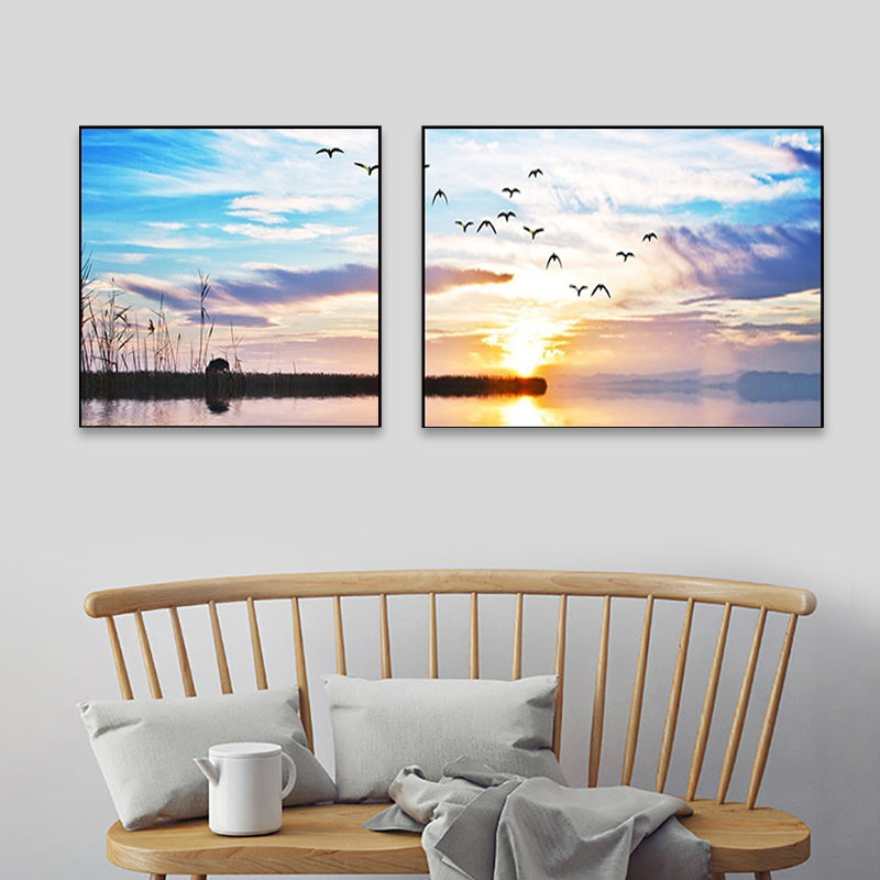 Brehn | Sonnenuntergang Meer Landschaft Leinwand Kunst Tropische Mehrteilig Wanddeko in Pastellfarbe für Zuhause