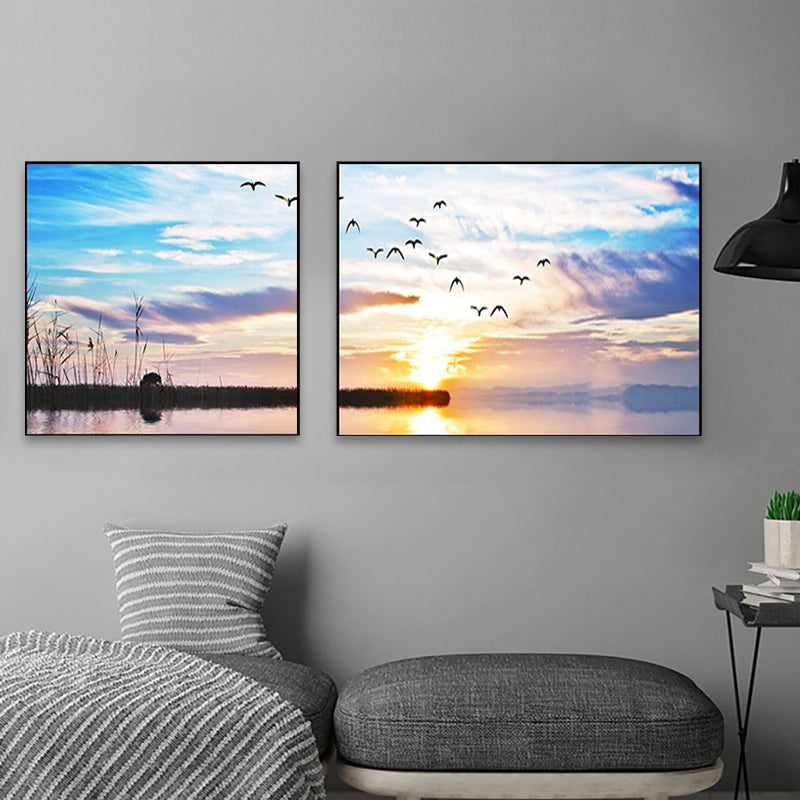 Brehn | Sonnenuntergang Meer Landschaft Leinwand Kunst Tropische Mehrteilig Wanddeko in Pastellfarbe für Zuhause