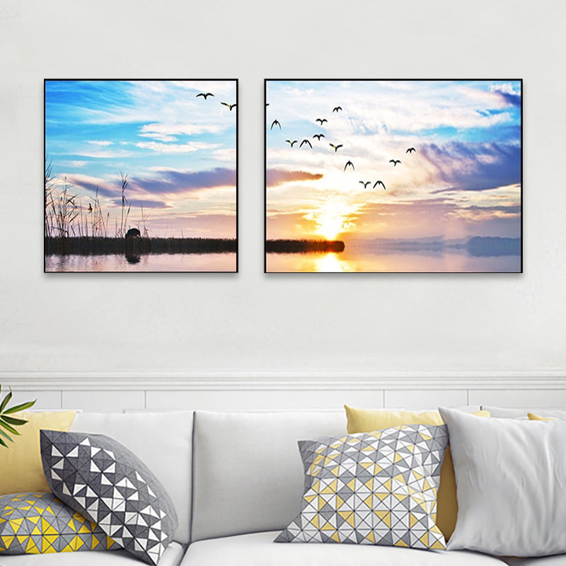 Brehn | Sonnenuntergang Meer Landschaft Leinwand Kunst Tropische Mehrteilig Wanddeko in Pastellfarbe für Zuhause