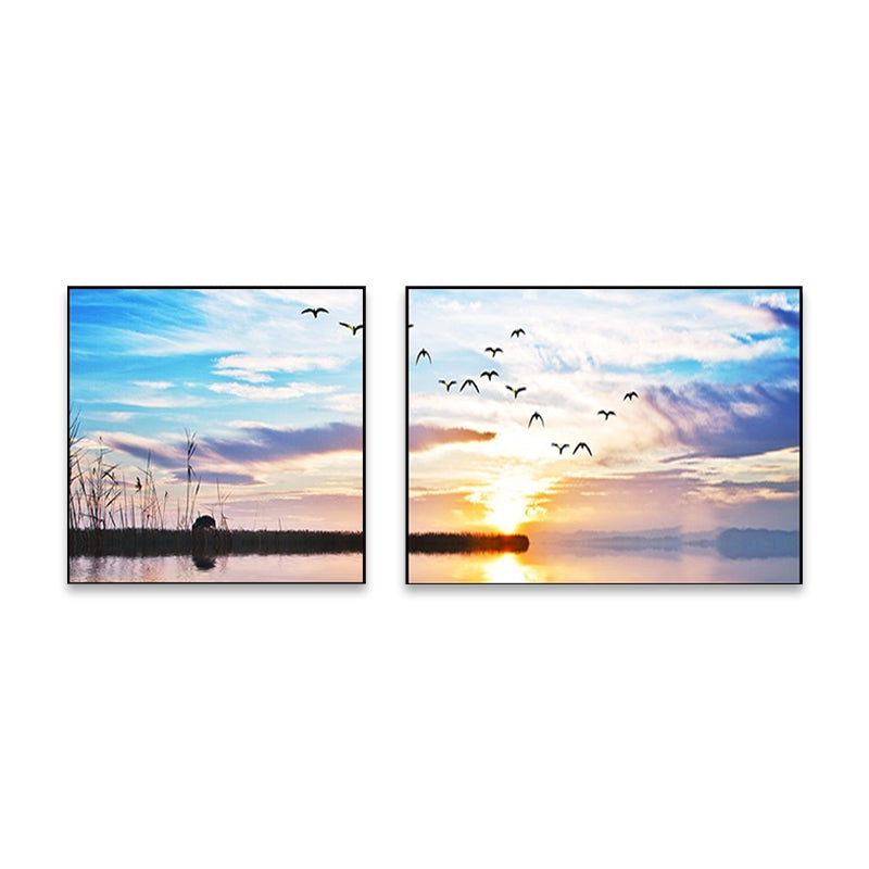 Brehn | Sonnenuntergang Meer Landschaft Leinwand Kunst Tropische Mehrteilig Wanddeko in Pastellfarbe für Zuhause