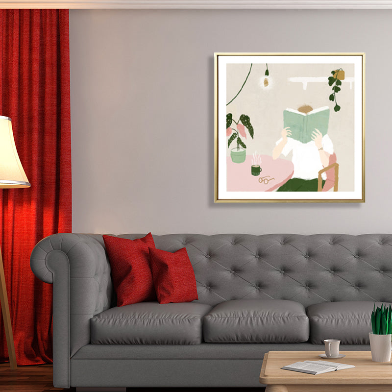 Brehn | Illustration Junge liest Buch Kunstdruck Grüner nordischer Stil Wanddeko fürs Schlafzimmer