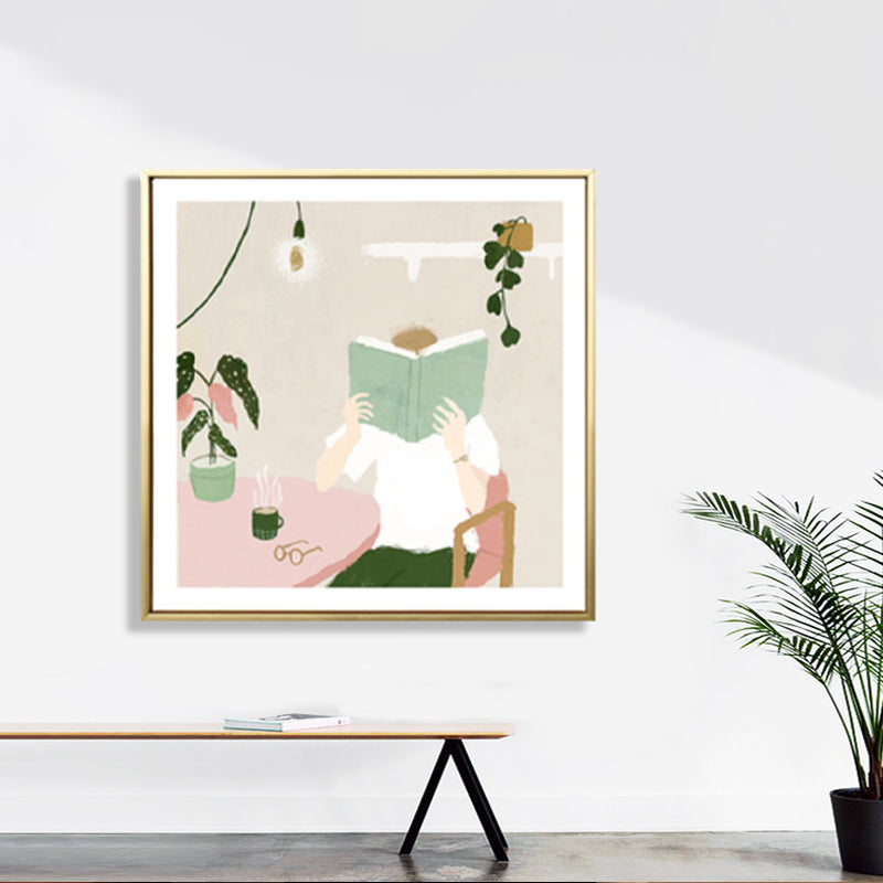 Brehn | Illustration Junge liest Buch Kunstdruck Grüner nordischer Stil Wanddeko fürs Schlafzimmer