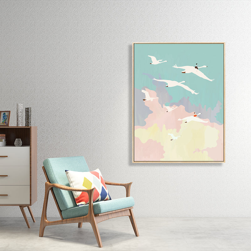 Brehn | Illustration Vogel Schwarm Wandkunst Strukturierter Asiatischer Stil Kinderzimmer Leinwand in Pink