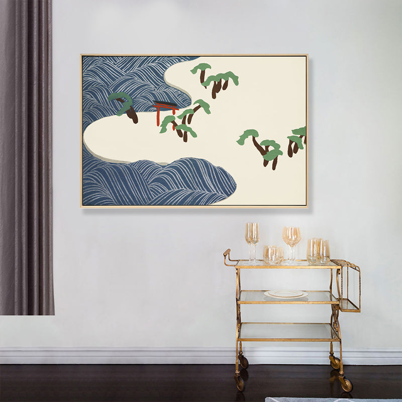 Brehn | Asiatischer Stil Strandlandschaft Leinwand Blau und Beige Texturierte Kunstdruck für das Wohnzimmer