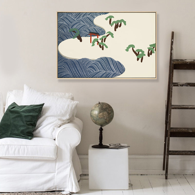 Brehn | Asiatischer Stil Strandlandschaft Leinwand Blau und Beige Texturierte Kunstdruck für das Wohnzimmer