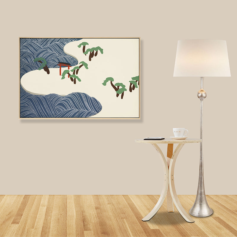 Brehn | Asiatischer Stil Strandlandschaft Leinwand Blau und Beige Texturierte Kunstdruck für das Wohnzimmer