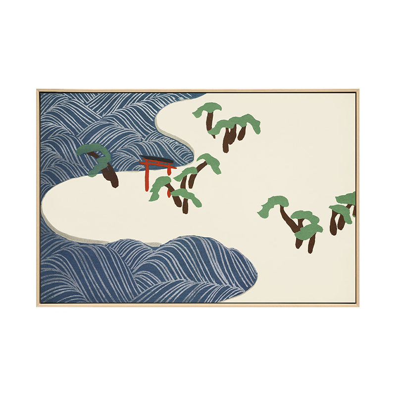 Brehn | Asiatischer Stil Strandlandschaft Leinwand Blau und Beige Texturierte Kunstdruck für das Wohnzimmer