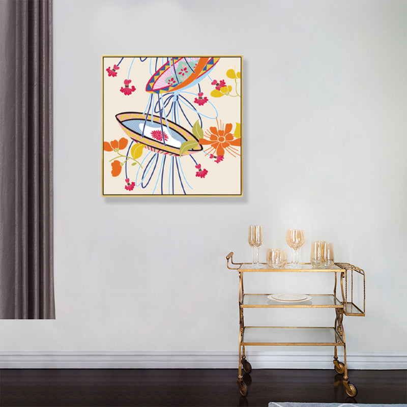 Brehn | Japanischer Stil Blumenkorb Leinwand Orange Stillleben Zeichnung Wandkunst für Schlafzimmer