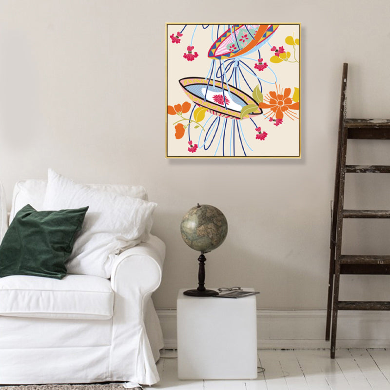 Brehn | Japanischer Stil Blumenkorb Leinwand Orange Stillleben Zeichnung Wandkunst für Schlafzimmer