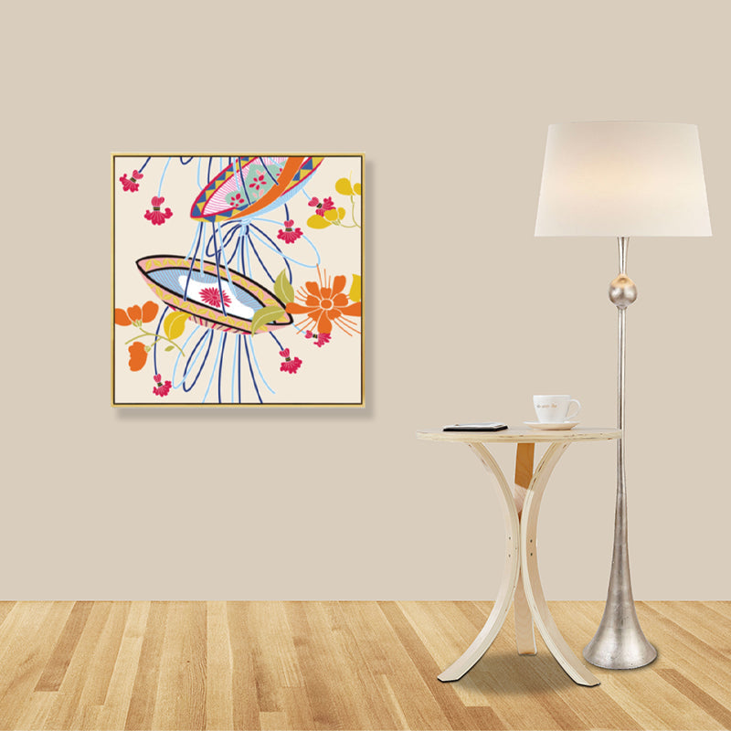Brehn | Japanischer Stil Blumenkorb Leinwand Orange Stillleben Zeichnung Wandkunst für Schlafzimmer