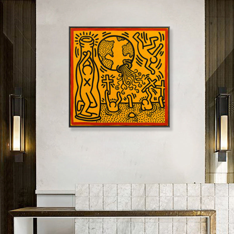 Brehn | Gelbes Pop-Art-Leinwanddruck-Illustration Keith Haring Figurenzeichnung Wanddekoration für Raum