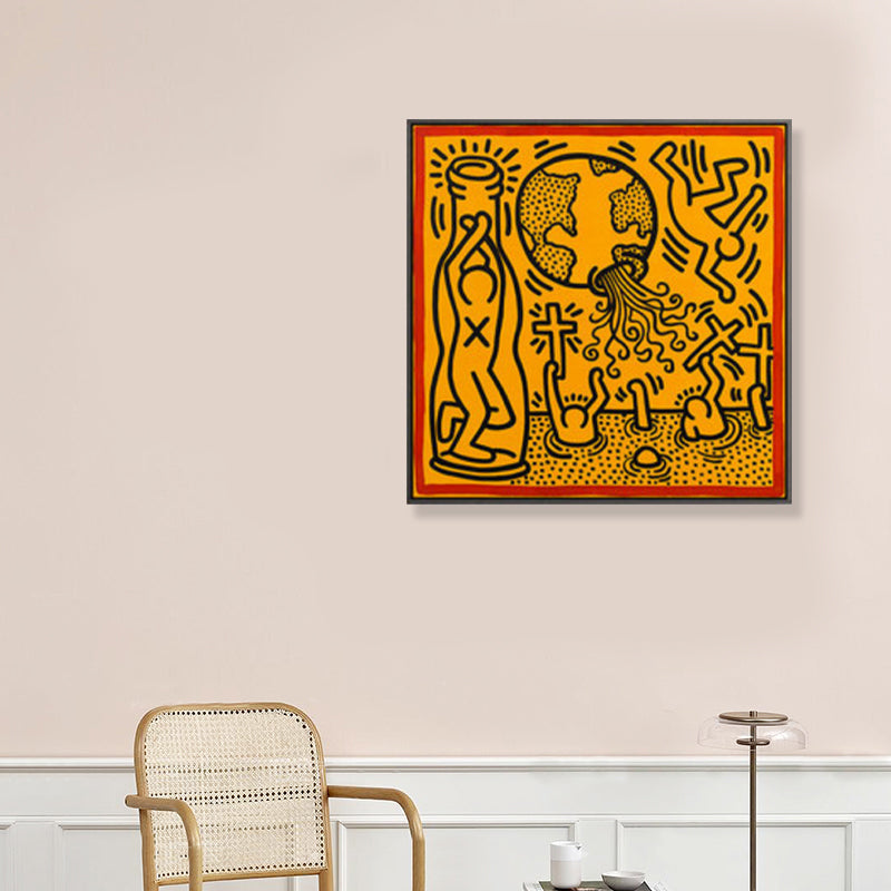 Brehn | Gelbes Pop-Art-Leinwanddruck-Illustration Keith Haring Figurenzeichnung Wanddekoration für Raum