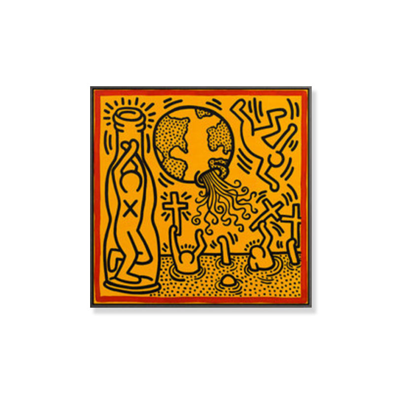 Brehn | Gelbes Pop-Art-Leinwanddruck-Illustration Keith Haring Figurenzeichnung Wanddekoration für Raum