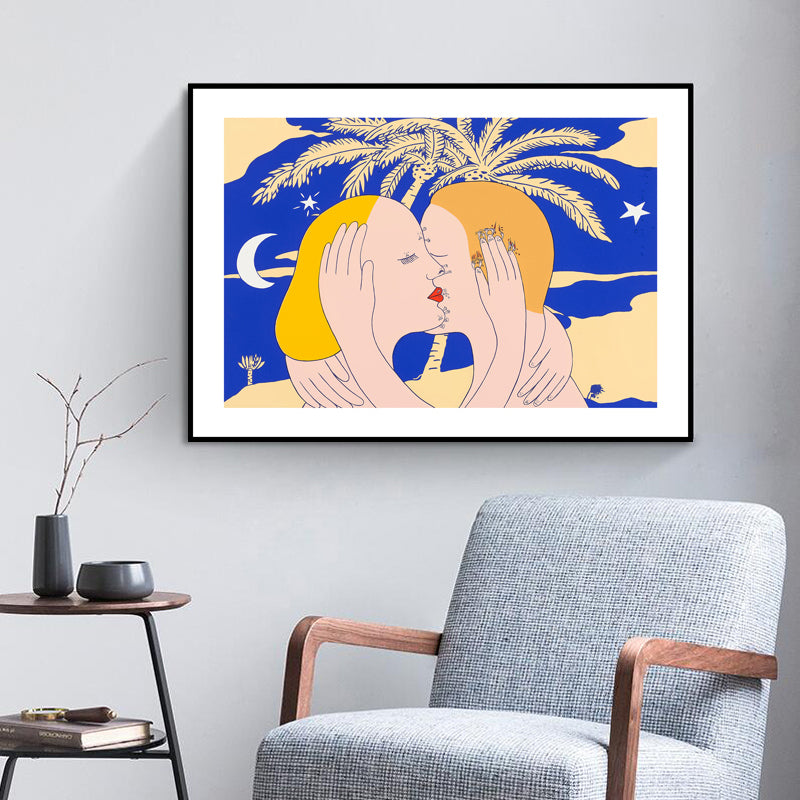 Brehn | Illustration Kiss Leinwand Wandkunst Moderne Texturierte Haus Innen Wanddekoration in Dunkler Farbe