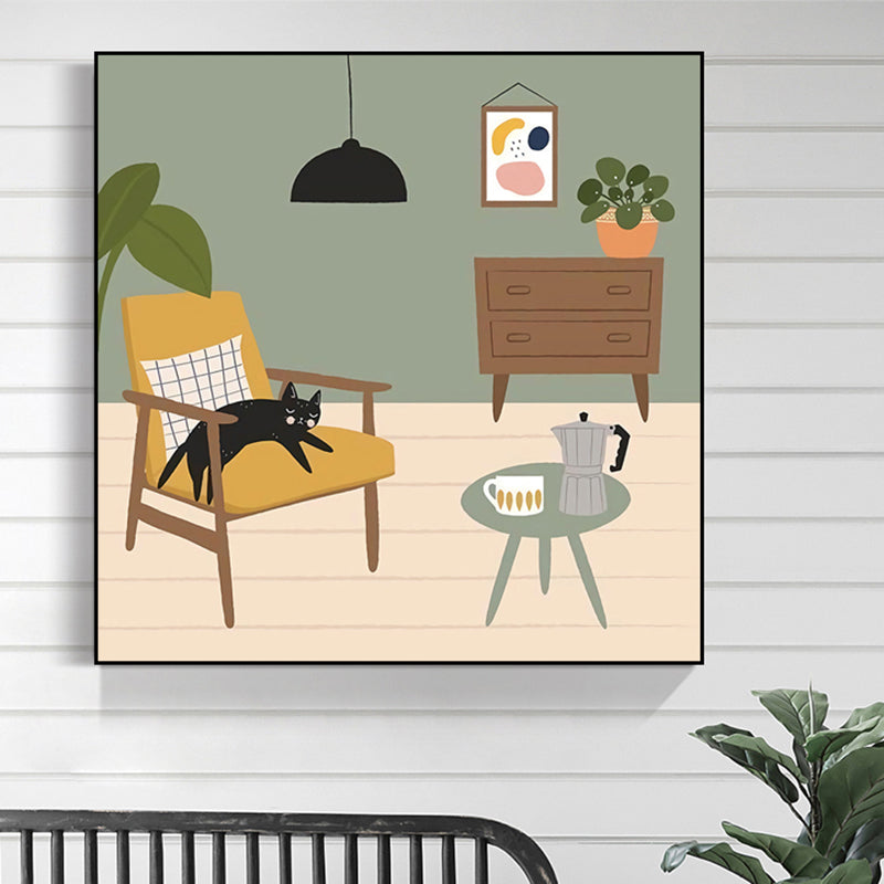 Brehn | Grüne nordische Leinwandillustration Katze liegt auf Stuhl Wandkunstdruck für Wohnzimmer