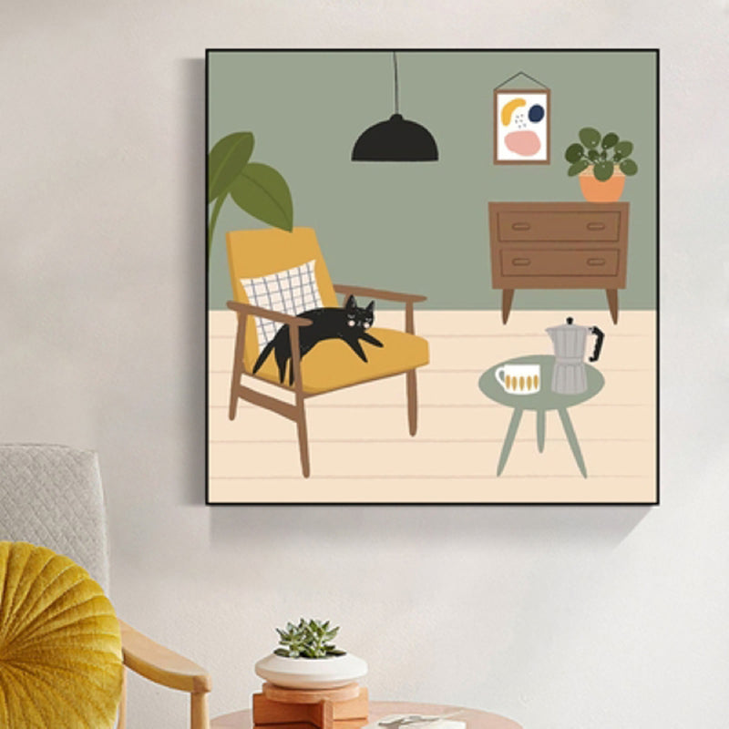 Brehn | Grüne nordische Leinwandillustration Katze liegt auf Stuhl Wandkunstdruck für Wohnzimmer