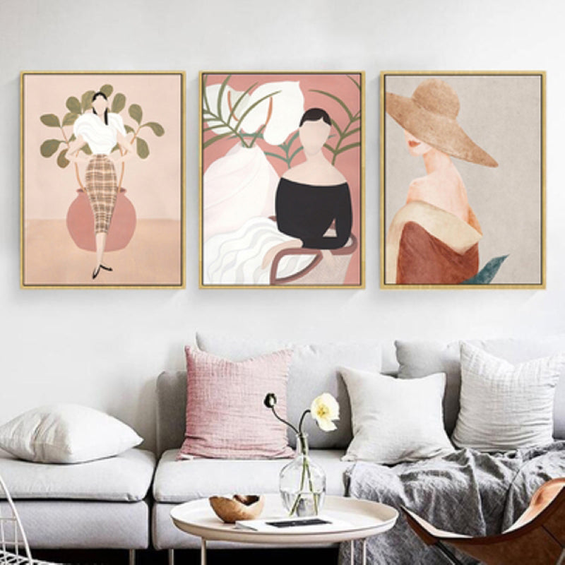 Brehn | Pink Woman Drawing Wandkunst Mode Nordic Stil Texturiertes Leinwanddruck für Mädchenzimmer