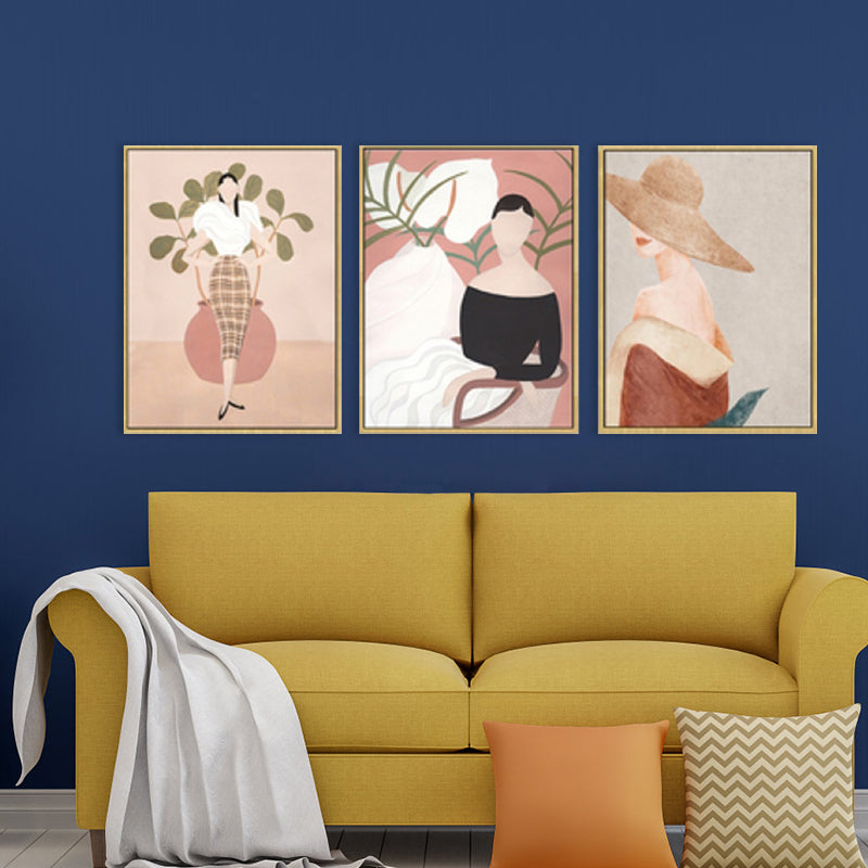 Brehn | Pink Woman Drawing Wandkunst Mode Nordic Stil Texturiertes Leinwanddruck für Mädchenzimmer