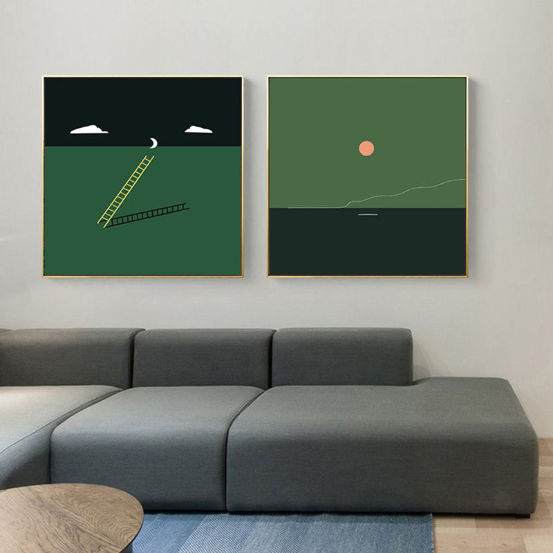 Brehn | Grüne Minimalismus Wandkunst Illustration Landschaft Leinwanddruck für die Wohnungseinrichtung, mehrere Größen