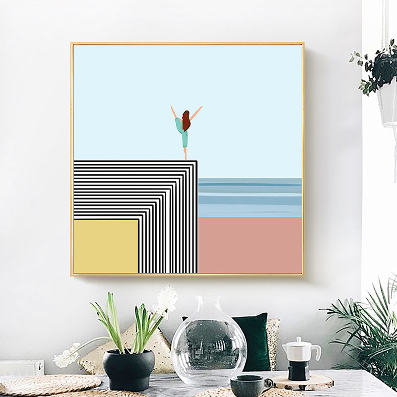 Brehn | Nordic Morning Yoga Canvas Art Blau-Orange Strandlandschaft Wanddekor für Hausinterieur