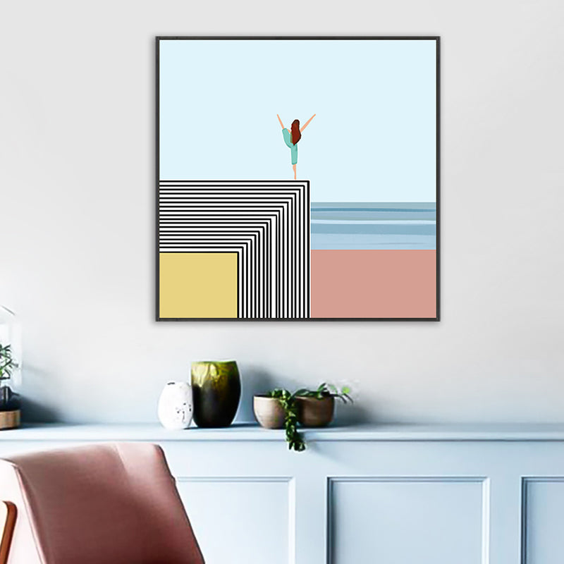 Brehn | Nordic Morning Yoga Canvas Art Blau-Orange Strandlandschaft Wanddekor für Hausinterieur