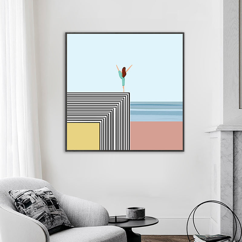 Brehn | Nordic Morning Yoga Canvas Art Blau-Orange Strandlandschaft Wanddekor für Hausinterieur