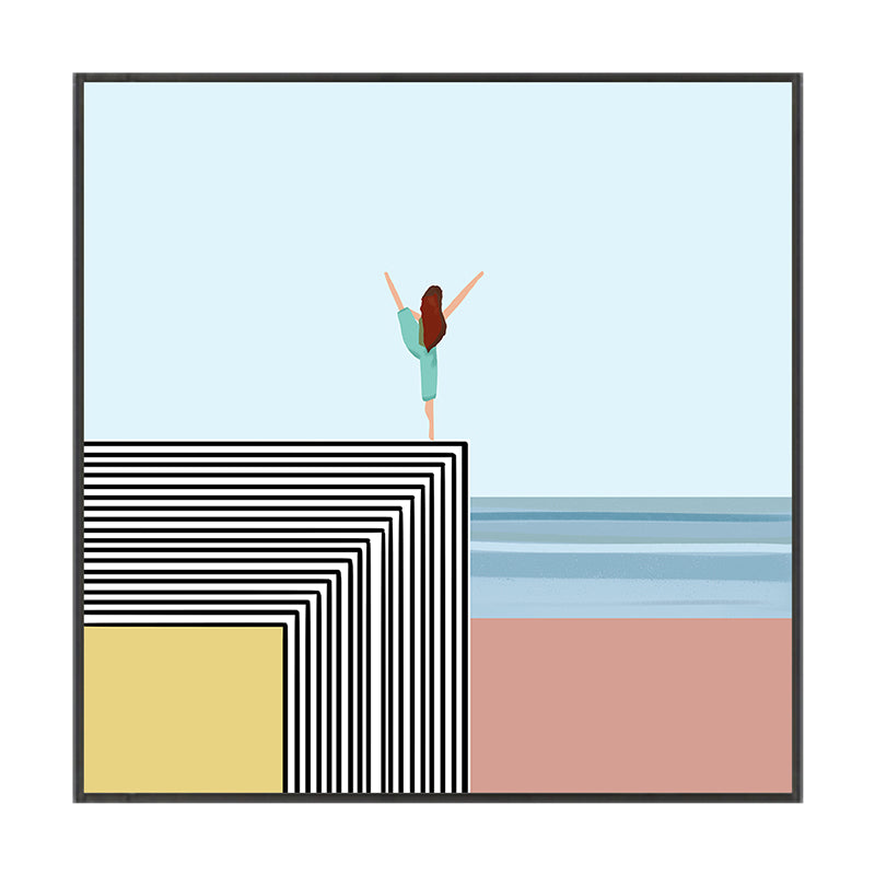 Brehn | Nordic Morning Yoga Canvas Art Blau-Orange Strandlandschaft Wanddekor für Hausinterieur