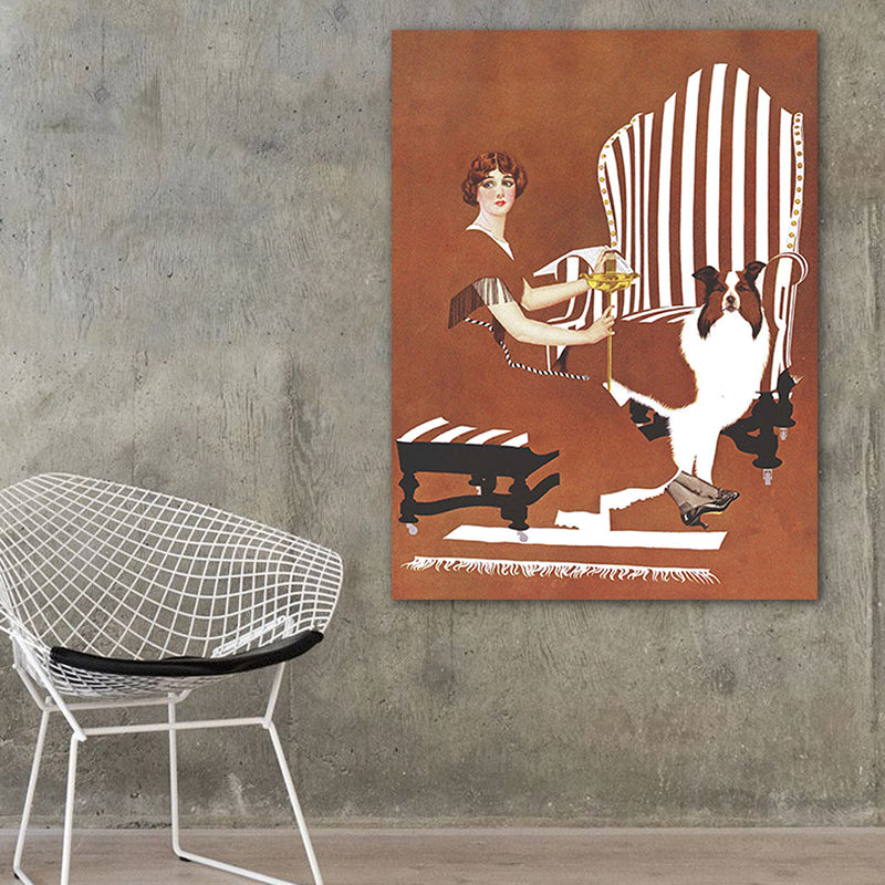 Brehn | Braune traditionelle Kunstdruckillustration Hausfrau und ihr Hund Zeichnung Leinwand für Zuhause