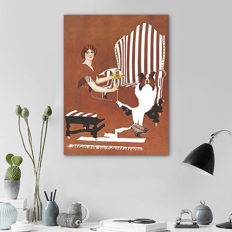 Brehn | Braune traditionelle Kunstdruckillustration Hausfrau und ihr Hund Zeichnung Leinwand für Zuhause