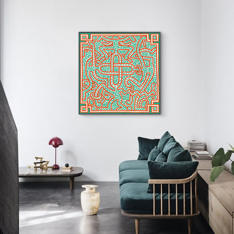 Brehn | Neuheit Labyrinth Linienstil Wandkunst Jungen Schlafzimmer Abstrakte Leinwanddruck in Grün und Orange