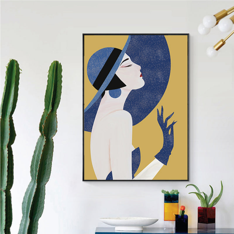 Brehn | Blaue Nordische Wandkunst Illustration Porträt einer Frau im Hut Leinwand für das Mädchenzimmer