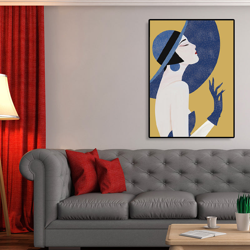 Brehn | Blaue Nordische Wandkunst Illustration Porträt einer Frau im Hut Leinwand für das Mädchenzimmer