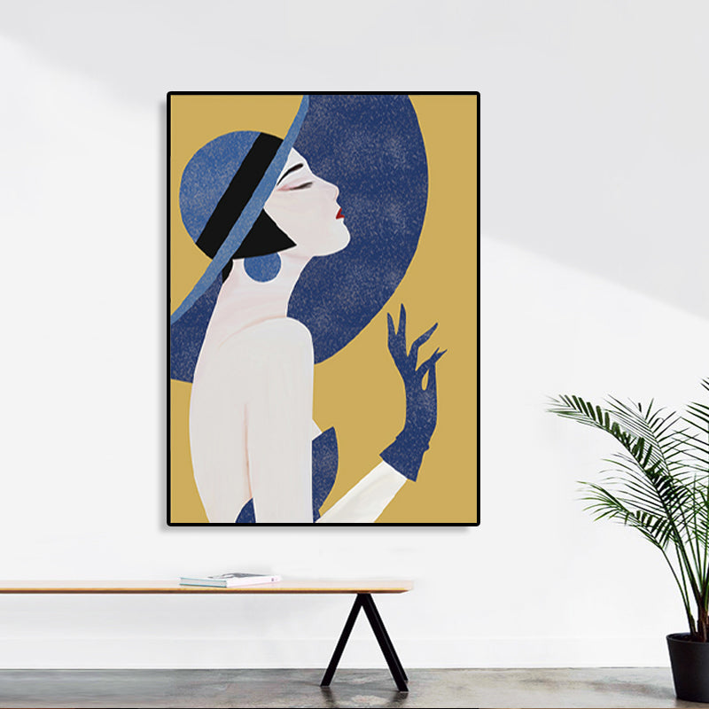 Brehn | Blaue Nordische Wandkunst Illustration Porträt einer Frau im Hut Leinwand für das Mädchenzimmer
