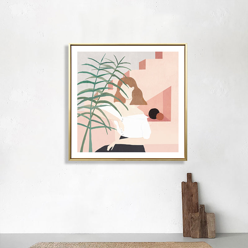 Brehn | Mädchen und Pflanze Zeichnung Leinwand Nordic Stilvolles Mode Wandkunst Druck in Pastellfarbe