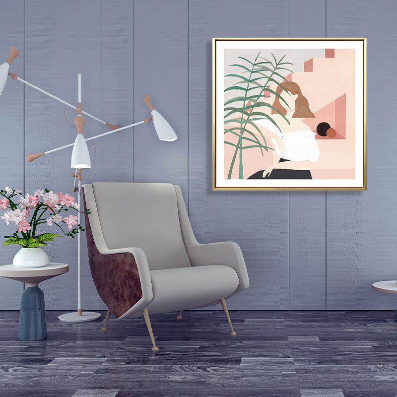 Brehn | Mädchen und Pflanze Zeichnung Leinwand Nordic Stilvolles Mode Wandkunst Druck in Pastellfarbe