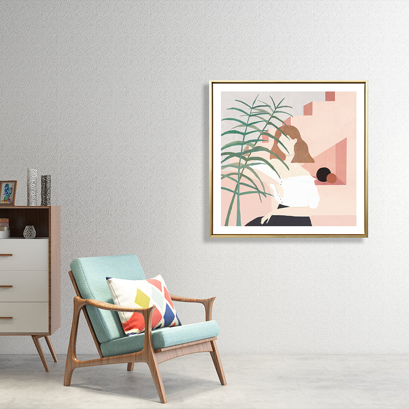 Brehn | Mädchen und Pflanze Zeichnung Leinwand Nordic Stilvolles Mode Wandkunst Druck in Pastellfarbe