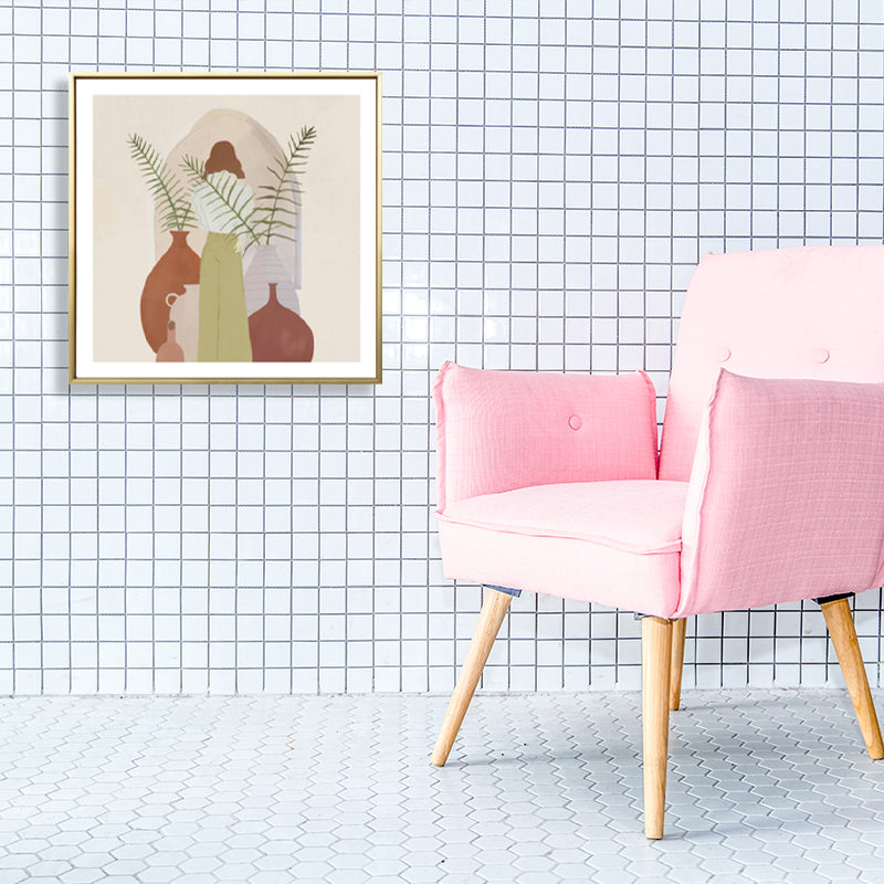 Brehn | Mädchen und Pflanze Zeichnung Leinwand Nordic Stilvolles Mode Wandkunst Druck in Pastellfarbe